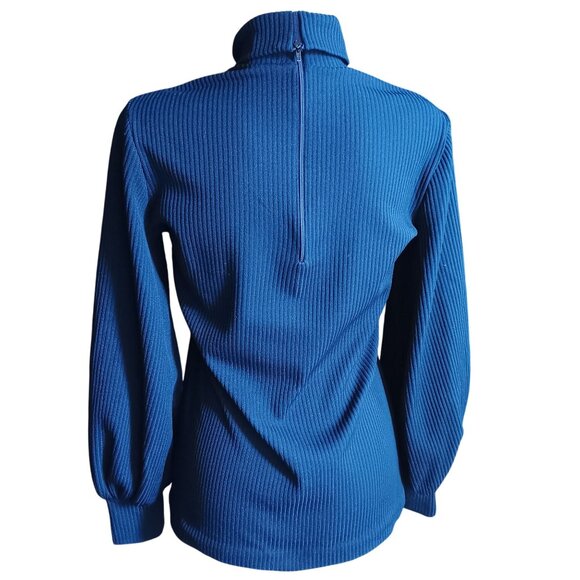 Medium True Vintage Turtleneck Sweater Knit Blue Ribbed Back Zipper 1970s Mod - Picture 4 of 5
